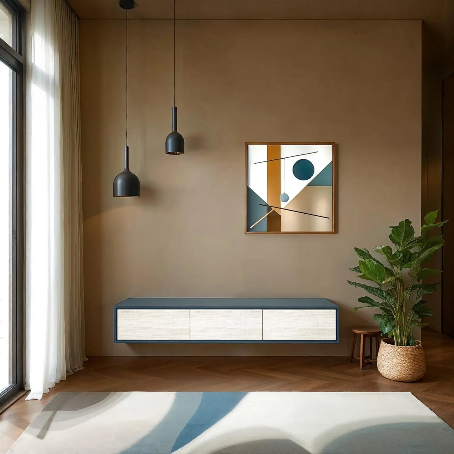 Design tv meubel - 135 cm - blauwgrijs / wit rough cut - 3 deuren