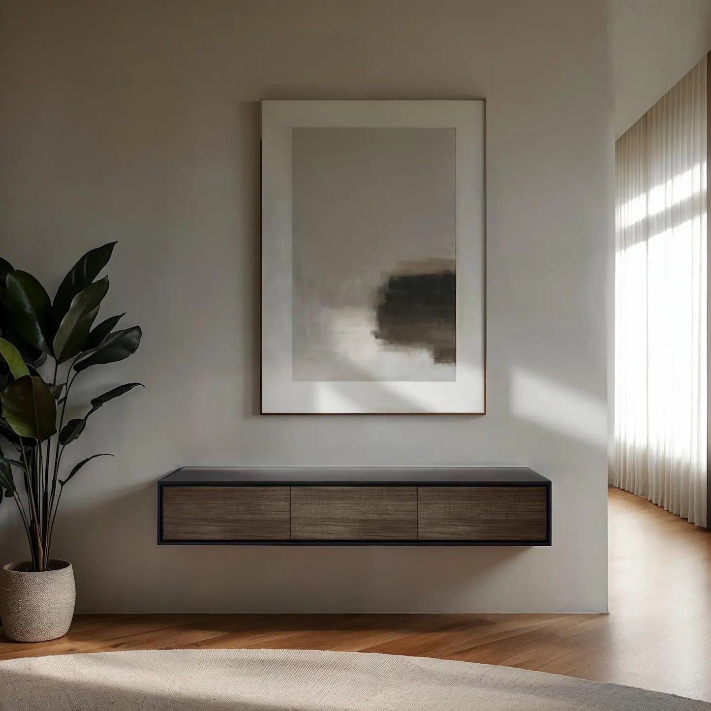 Design tv meubel - 135 cm - zwart / smoked hout rough cut - 3 deuren