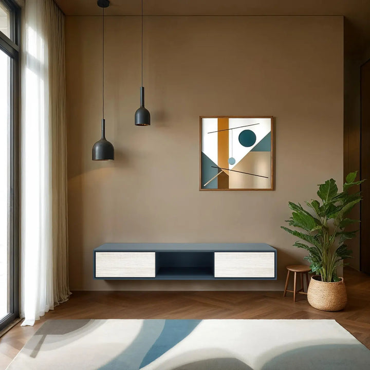 Design tv meubel - 135 cm - blauwgrijs / wit rough cut - open vak