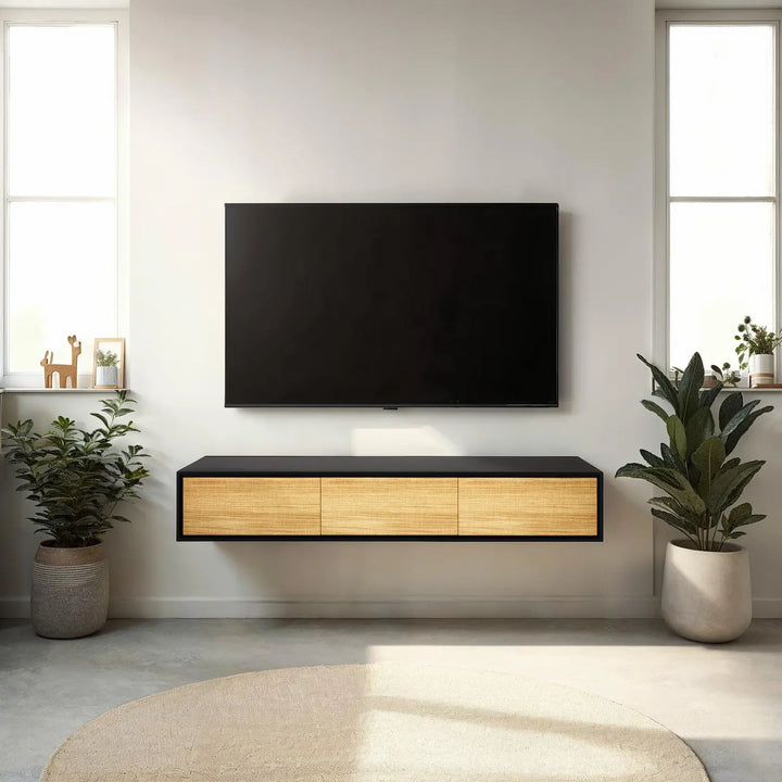 Design tv meubel - 135 cm - zwart / blank hout rough cut - 3 deuren