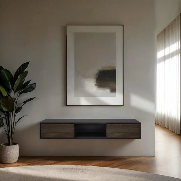 Design tv meubel - 135 cm - zwart / smoked hout rough cut - open vak