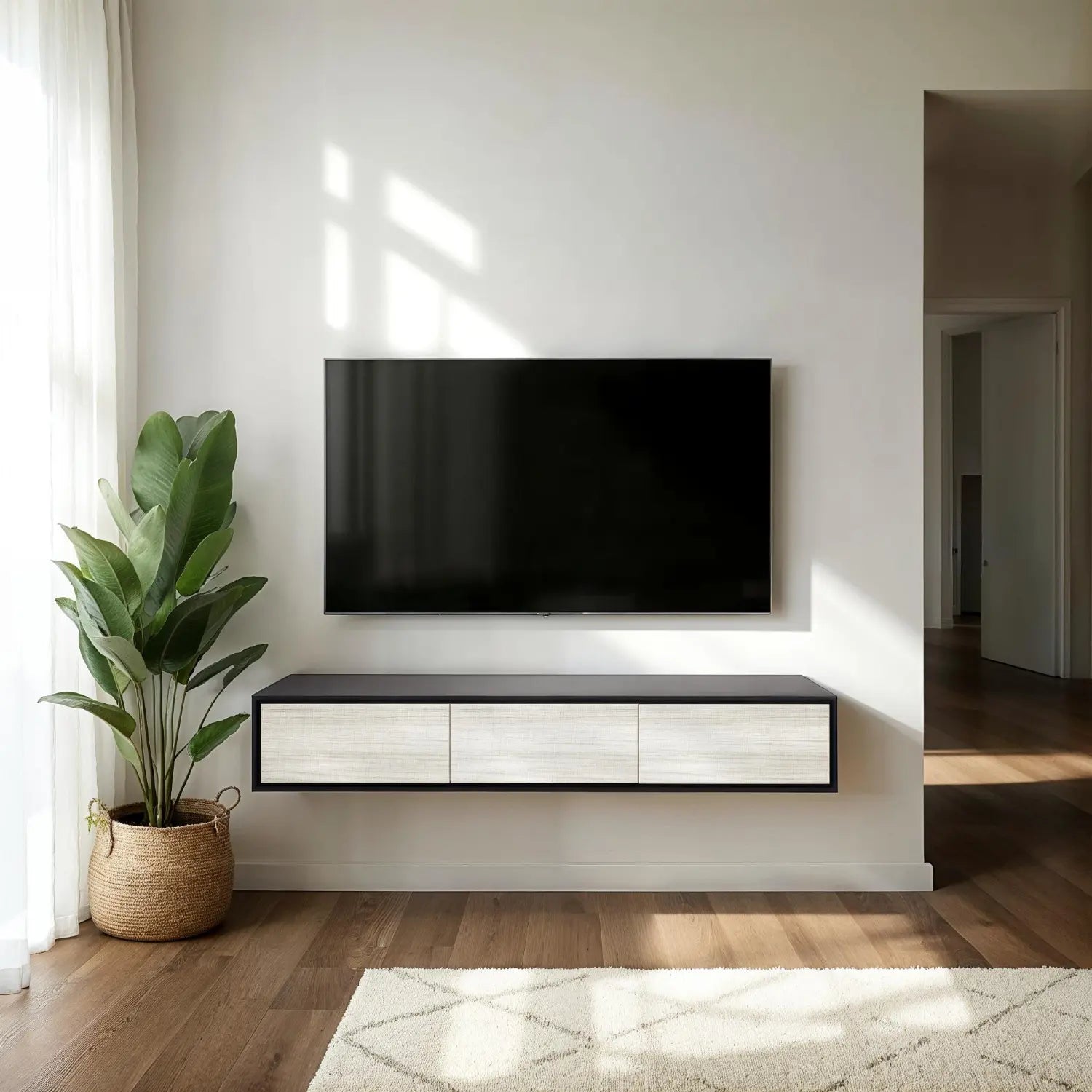Design tv meubel - 135 cm - zwart / wit rough cut - 3 deuren
