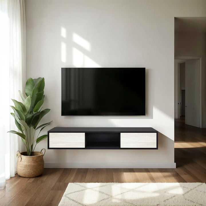 Design tv meubel - 135 cm - zwart / wit rough cut - open vak